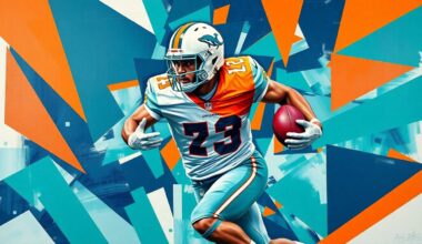 A cubist, geometric painting depicting a football player in motion, with their body broken down into sharp, overlapping planes of teal, navy, and orange colors, conveying the dynamic and fragmented nature of a linebacker