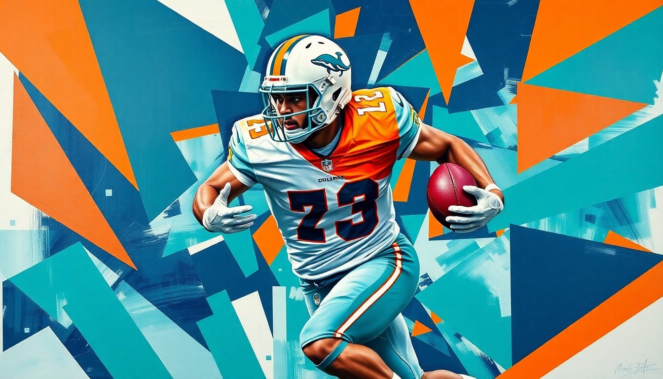 A cubist, geometric painting depicting a football player in motion, with their body broken down into sharp, overlapping planes of teal, navy, and orange colors, conveying the dynamic and fragmented nature of a linebacker