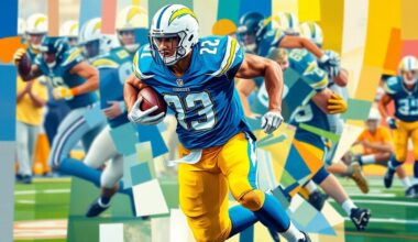 A fragmented, geometric painting in the style of Pablo Picasso, depicting a running back in motion with sharp, overlapping planes of the Chargers