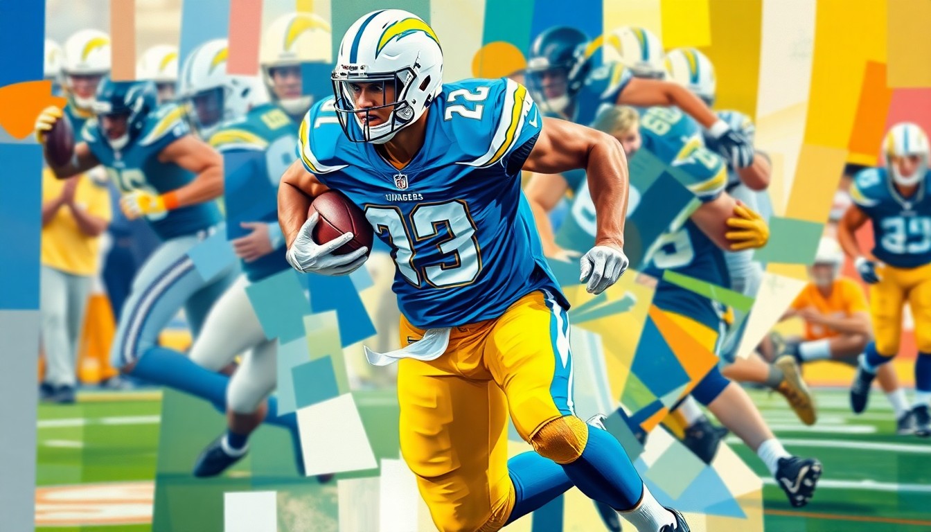 A fragmented, geometric painting in the style of Pablo Picasso, depicting a running back in motion with sharp, overlapping planes of the Chargers