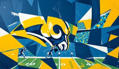 A cubist, geometric painting depicting fragmented football players and draft prospects, with the Rams