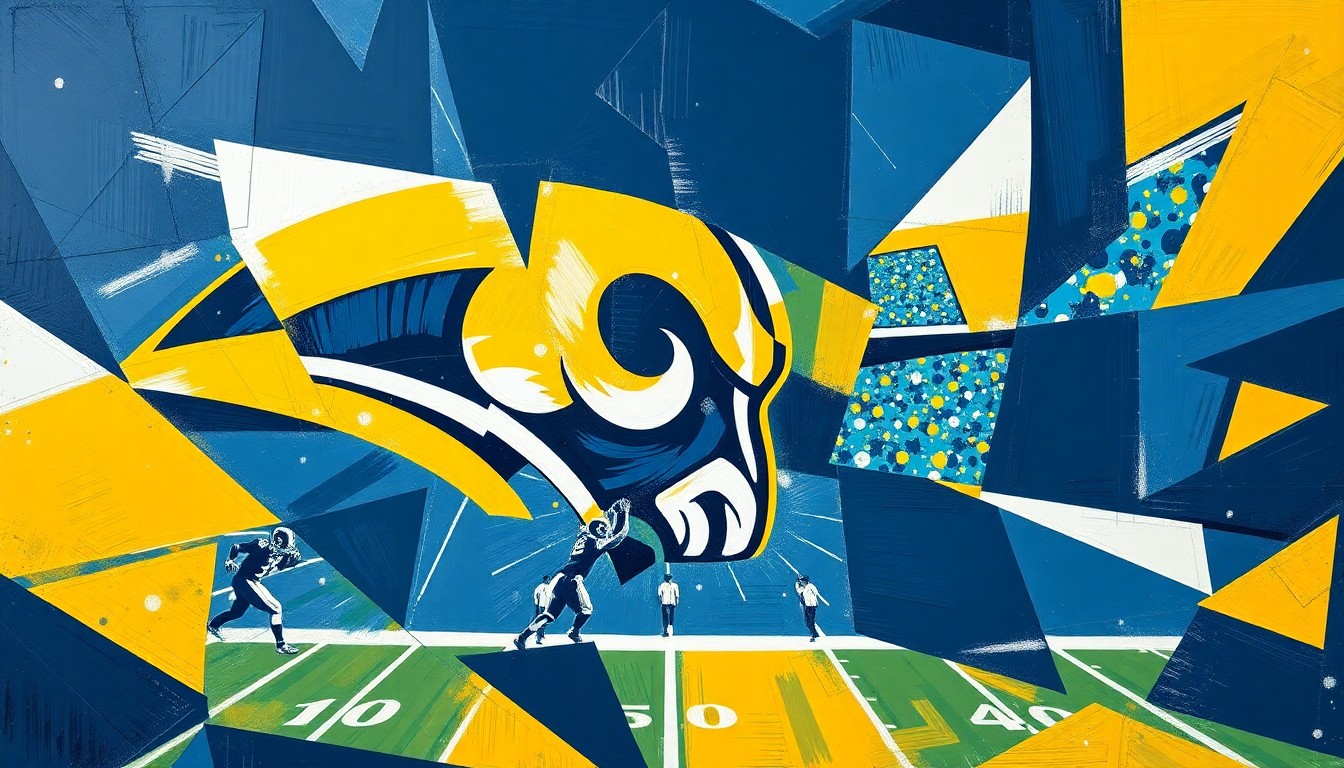 A cubist, geometric painting depicting fragmented football players and draft prospects, with the Rams