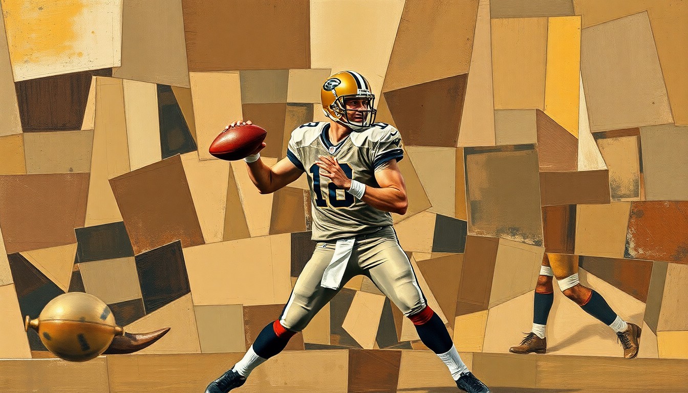 A fragmented, geometric painting depicting a football quarterback in motion, with sharp planes of muted earth tones overlapping to create a dynamic, abstract representation of the position.