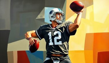 A cubist, geometric painting depicting a quarterback in the midst of throwing a pass, with the figure and ball broken down into overlapping, angular shapes and planes.