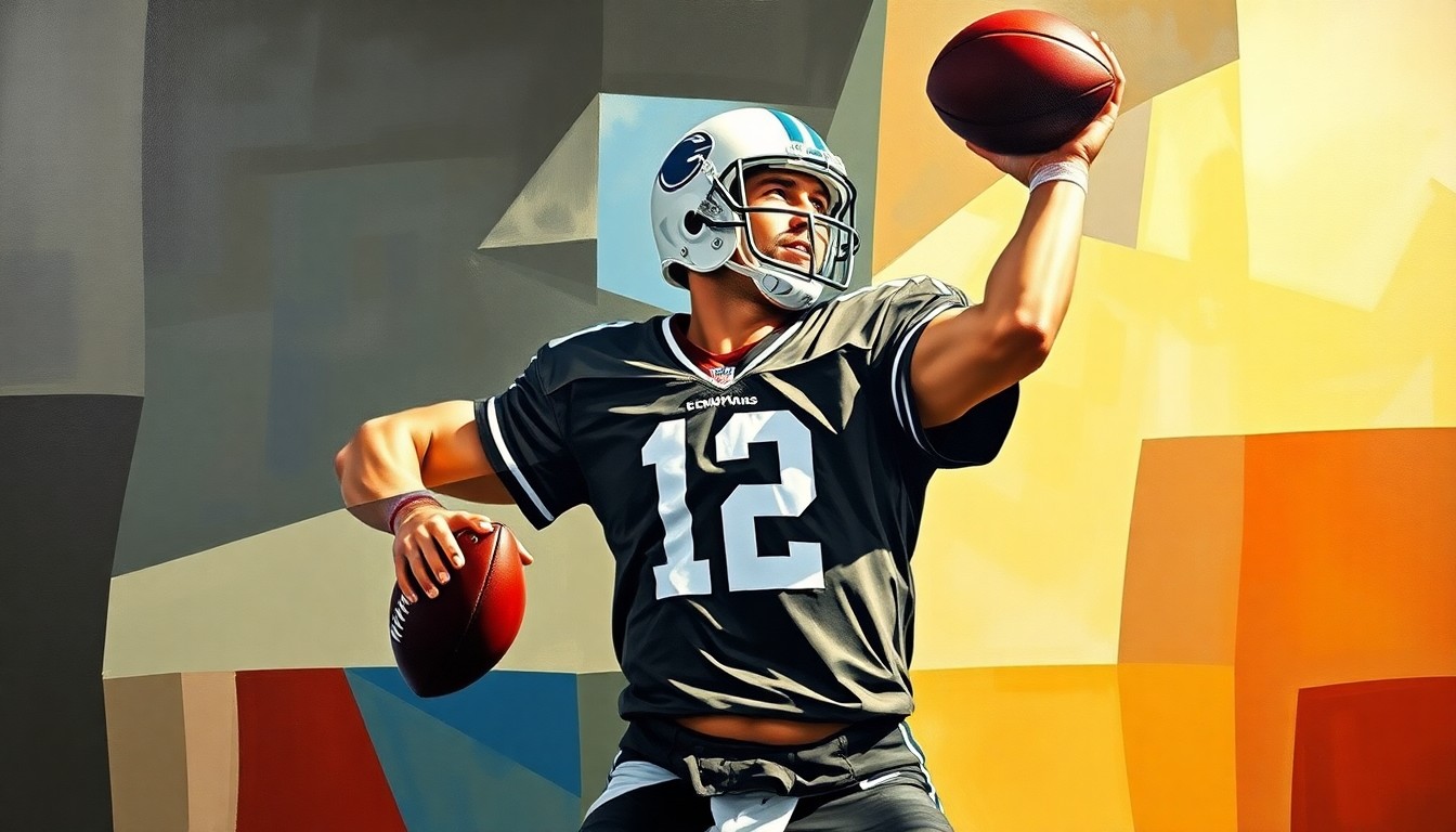 A cubist, geometric painting depicting a quarterback in the midst of throwing a pass, with the figure and ball broken down into overlapping, angular shapes and planes.