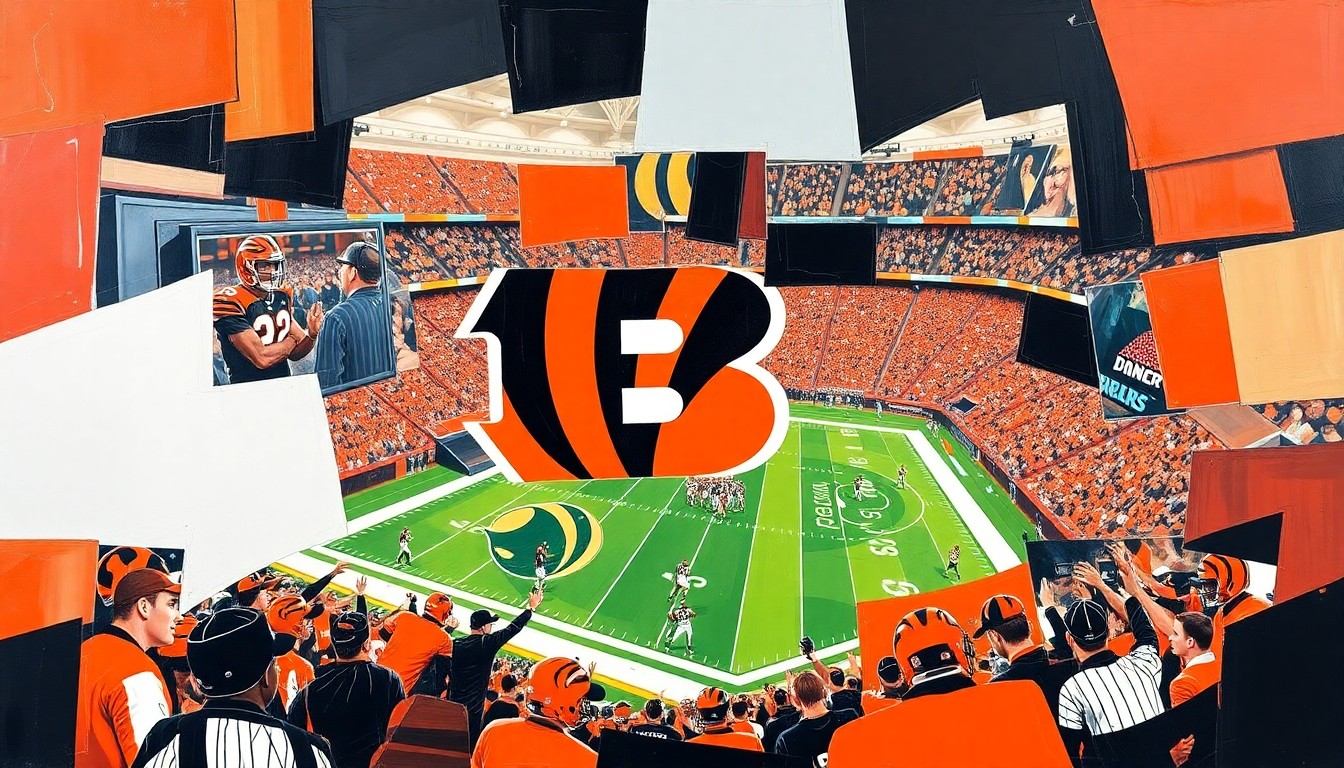 A fragmented, geometric painting in bold Bengals colors depicting various football players and elements, conveying the analytical and multifaceted nature of the NFL draft process.