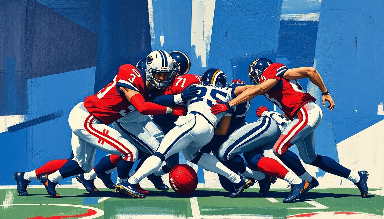 A fragmented, abstract painting depicting a football defensive play broken down into sharp, overlapping planes of navy, red, and white, conceptually representing the Chiefs