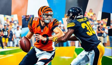 A dynamic, fragmented painting depicting a defensive back in mid-interception, with sharp geometric planes and vibrant colors representing the energy and intensity of the play.