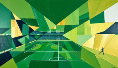 A cubist, geometric painting depicting a fragmented football field, with players and equipment broken down into overlapping angular shapes in shades of green, gold, and navy blue.