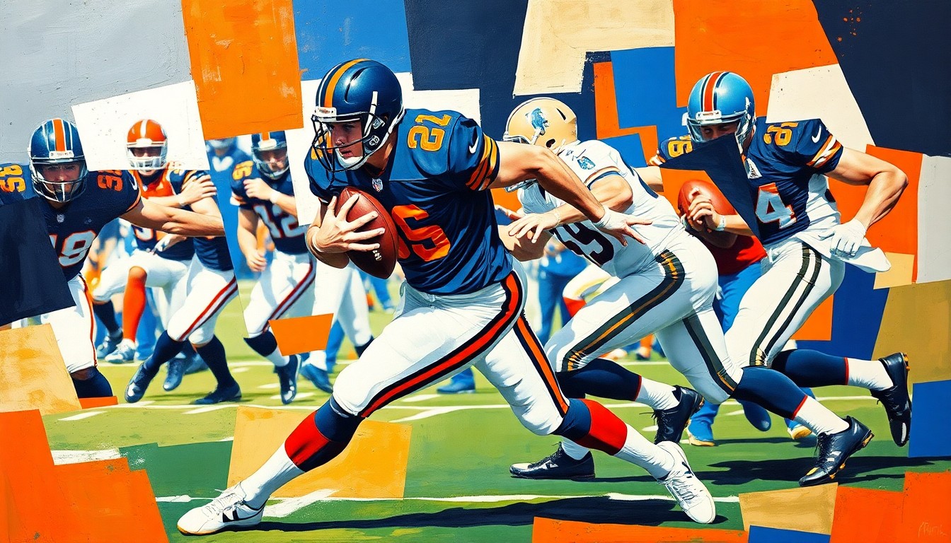A fragmented, geometric painting depicting a football player in motion, their body broken down into sharp, overlapping planes of color, conveying the raw power and athleticism of an EDGE rusher.