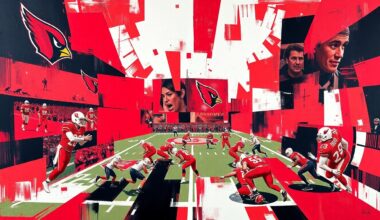 A cubist, geometric painting featuring sharp, overlapping planes of cardinal red and black, conceptually representing the Arizona Cardinals