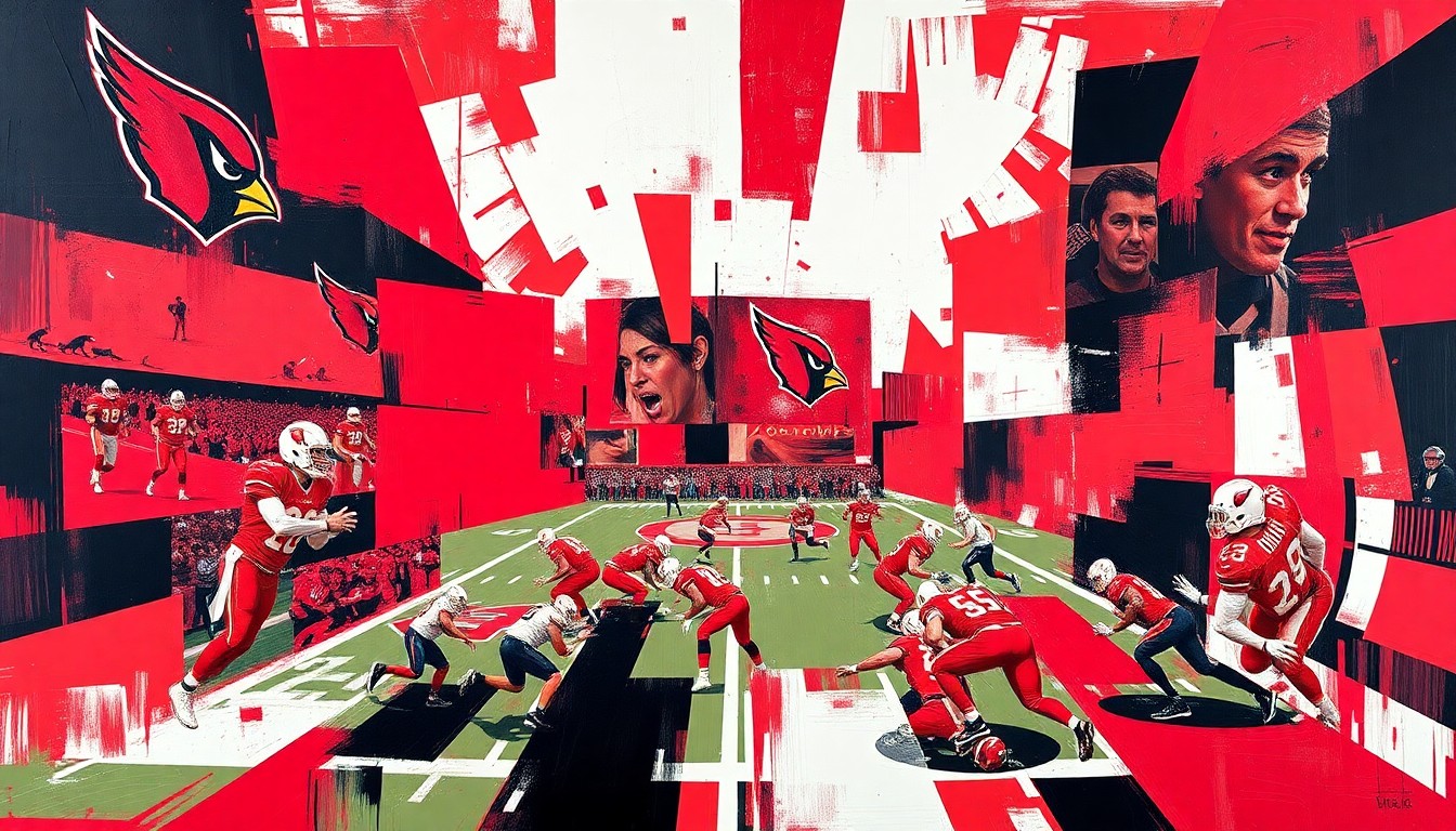A cubist, geometric painting featuring sharp, overlapping planes of cardinal red and black, conceptually representing the Arizona Cardinals