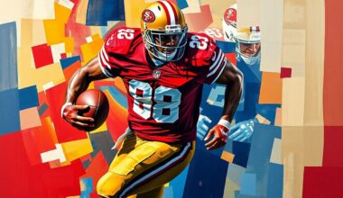 A fractured, multi-perspective painting in bold colors depicting a football player in motion, with sharp, overlapping geometric planes representing the complicated situation surrounding the player