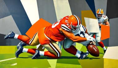 A cubist, geometric painting depicting a football player in mid-tackle, their body and movements fractured into overlapping planes of orange, navy, and white.