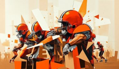 A fractured, multi-perspective painting depicting a Browns football practice or game, with sharp, overlapping geometric planes in vibrant shades of brown, orange, and white, capturing the energy and movement of the sport.