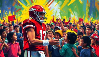 A vibrant, expressionist painting depicting the raw energy and enthusiasm of Patrick Mahomes interacting with a group of cheering students during a reading rally in Kansas City.