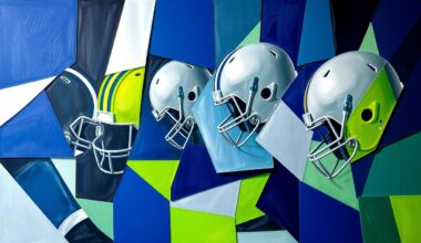 A fragmented, geometric painting depicting an offensive line, with sharp planes of navy blue, lime green, and silver intersecting to create a dynamic, multi-dimensional visual representation of the position group.