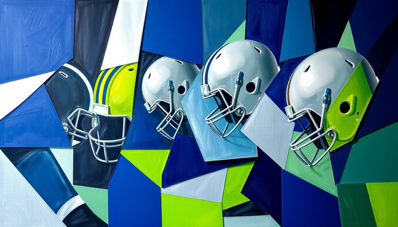 A fragmented, geometric painting depicting an offensive line, with sharp planes of navy blue, lime green, and silver intersecting to create a dynamic, multi-dimensional visual representation of the position group.