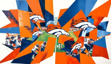 A cubist, geometric painting depicting a fragmented football game, with sharp, overlapping planes of orange, blue, and white representing the Denver Broncos