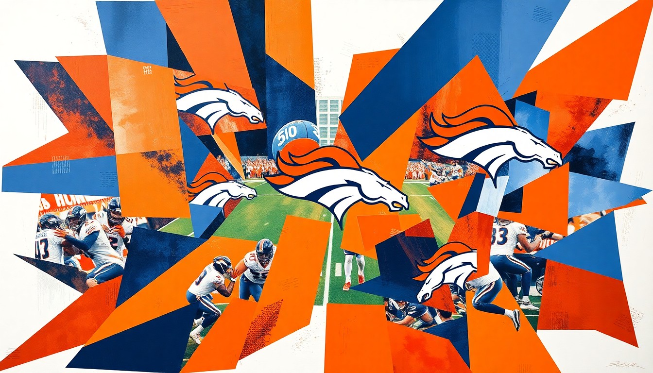 A cubist, geometric painting depicting a fragmented football game, with sharp, overlapping planes of orange, blue, and white representing the Denver Broncos