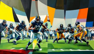 A cubist, geometric painting depicting a football game or match, with the players