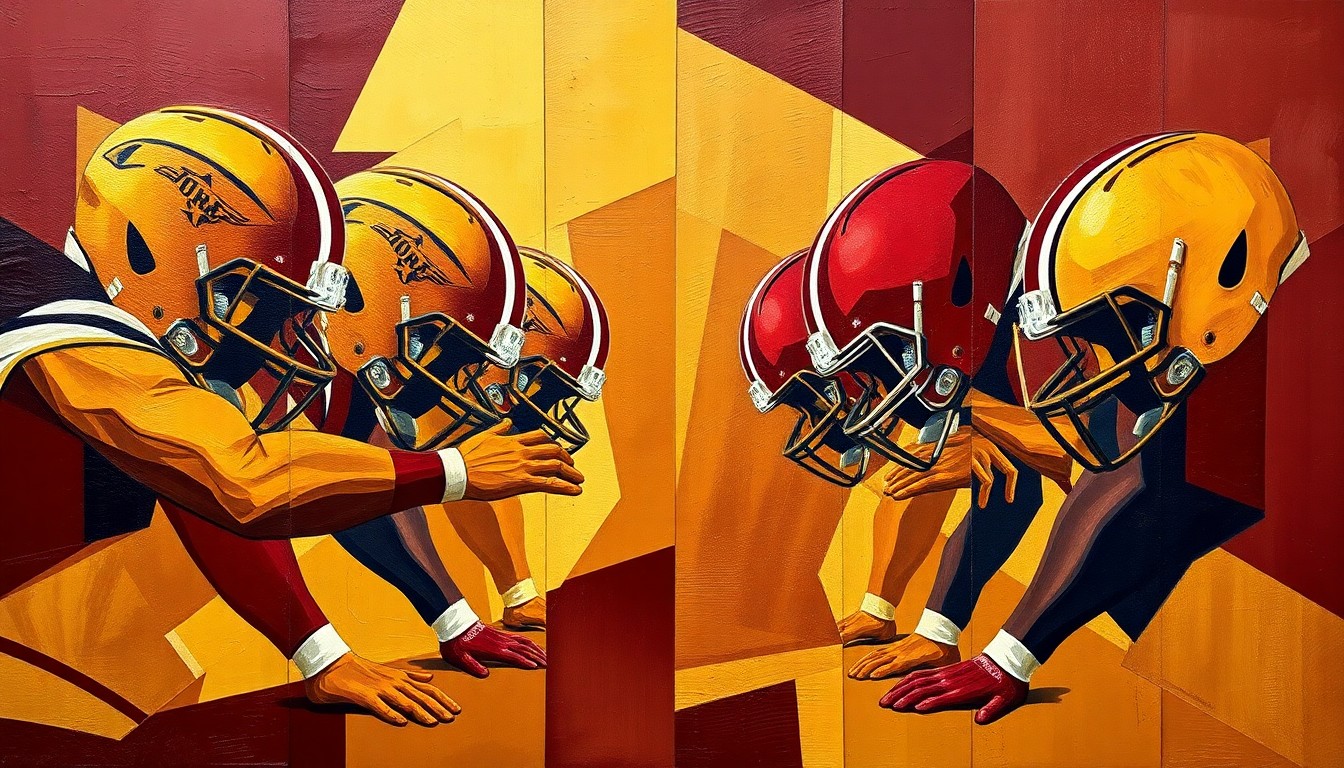 A fragmented, cubist-style painting depicting the geometric shapes and planes of a football offensive line, rendered in the team colors of the Washington Commanders.
