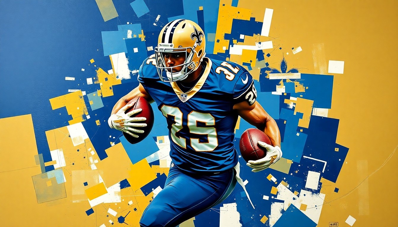 A cubist, geometric painting depicting a football player in mid-motion, with sharp planes of navy blue, gold, and white representing the New Orleans Saints