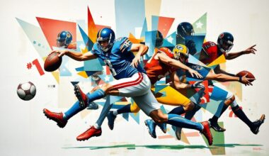 A fractured, geometric painting depicting a football player