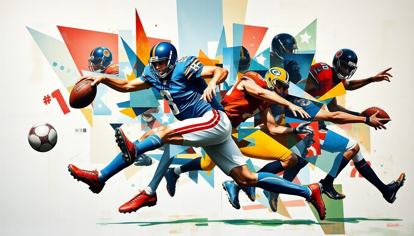 A fractured, geometric painting depicting a football player