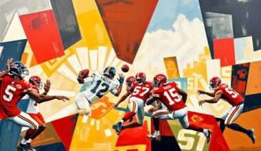 A cubist, geometric painting depicting a fragmented Kansas City Chiefs defensive play, with overlapping planes of color and shape representing the team