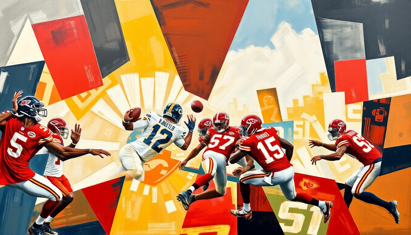 A cubist, geometric painting depicting a fragmented Kansas City Chiefs defensive play, with overlapping planes of color and shape representing the team