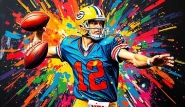 An abstract, expressionist painting depicting the explosive energy and motion of an NFL quarterback