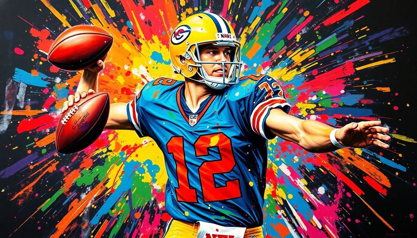 An abstract, expressionist painting depicting the explosive energy and motion of an NFL quarterback