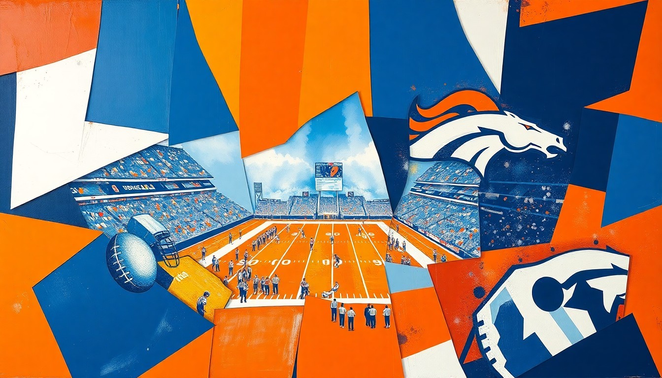 A cubist, geometric painting depicting a fragmented football game, with sharp planes of orange, blue, and white colors representing the Broncos