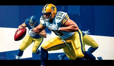 A fractured, cubist-style painting depicting a football player in the act of rushing the passer, with sharp geometric planes in the Saints