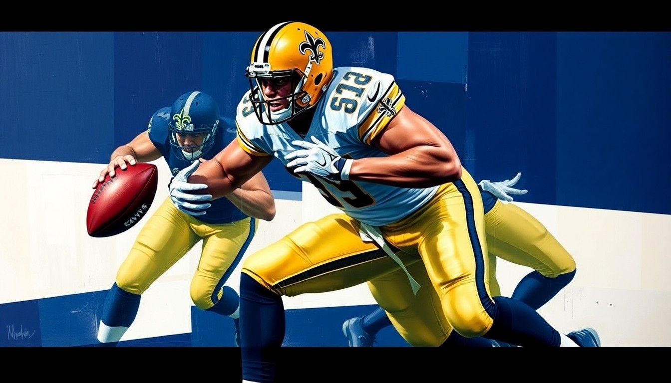 A fractured, cubist-style painting depicting a football player in the act of rushing the passer, with sharp geometric planes in the Saints