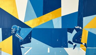 A cubist, geometric painting depicting a fragmented football play, with sharp planes of navy, powder blue, and gold representing the players, field, and movement of the game.