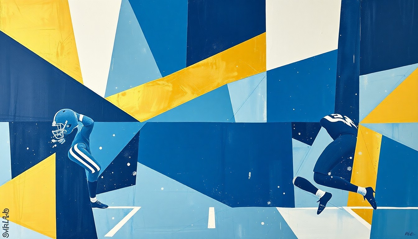 A cubist, geometric painting depicting a fragmented football play, with sharp planes of navy, powder blue, and gold representing the players, field, and movement of the game.
