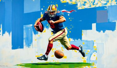 A fractured, geometric painting depicting a football player in mid-stride, with the ball and limbs deconstructed into sharp, overlapping planes of navy, burgundy, and gold, capturing the explosive athleticism of the Commanders