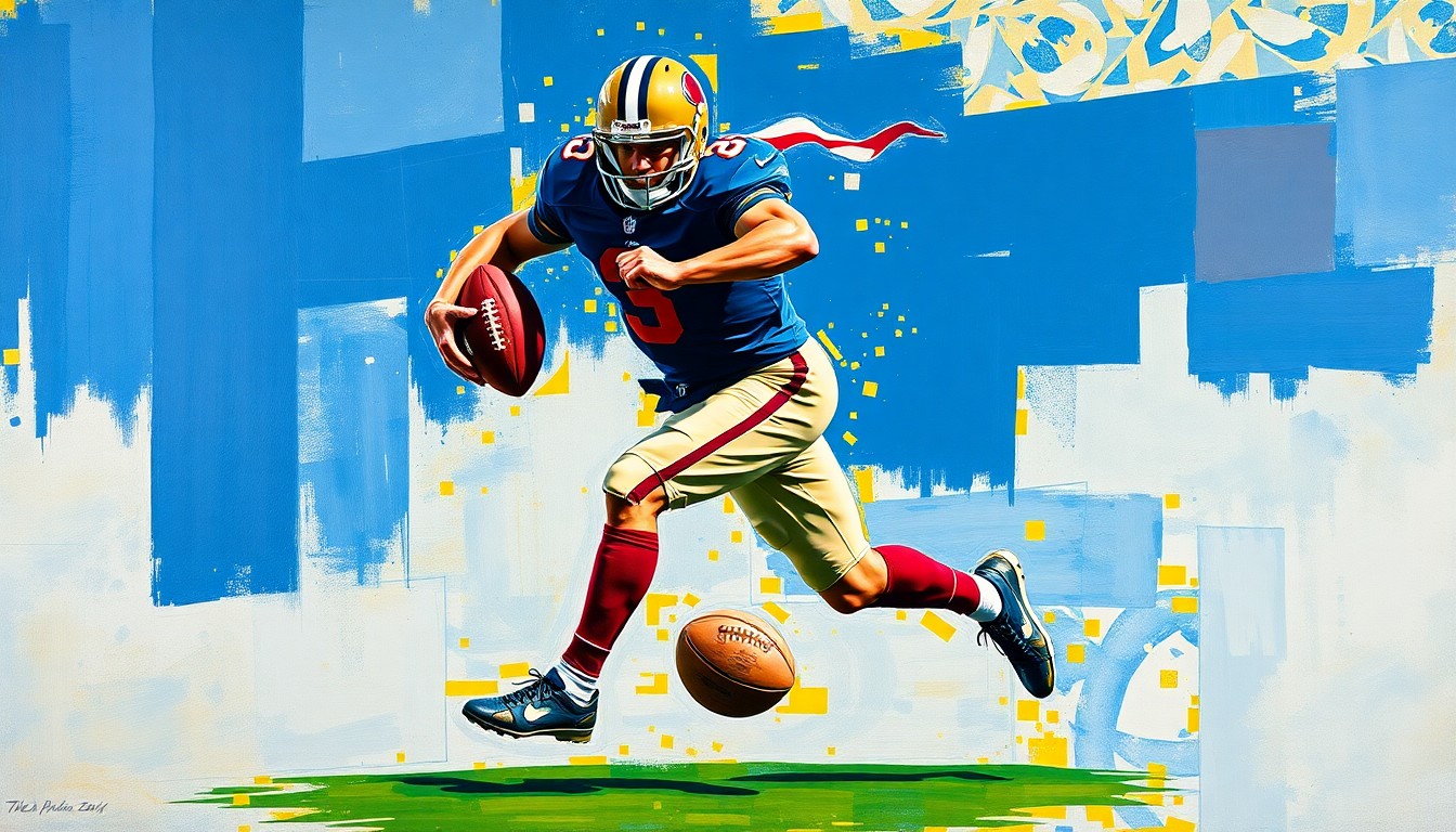 A fractured, geometric painting depicting a football player in mid-stride, with the ball and limbs deconstructed into sharp, overlapping planes of navy, burgundy, and gold, capturing the explosive athleticism of the Commanders