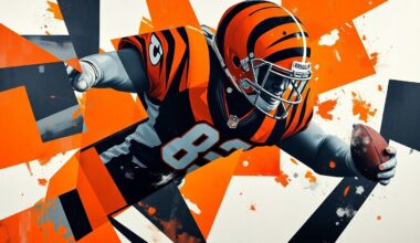 A cubist-style painting depicting fragmented, geometric shapes in orange, black, and white, representing the dynamic action and energy of a Cincinnati Bengals football game or player.