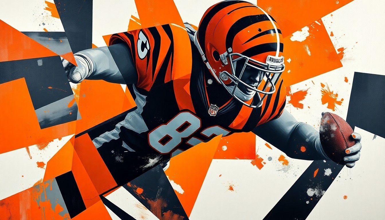 A cubist-style painting depicting fragmented, geometric shapes in orange, black, and white, representing the dynamic action and energy of a Cincinnati Bengals football game or player.