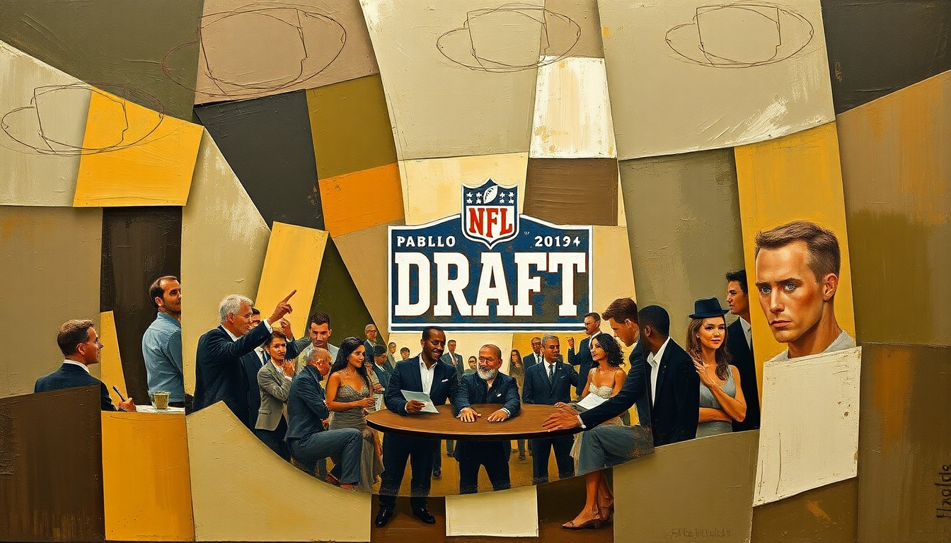 A cubist, fragmented painting depicting an abstract NFL draft scene, with sharp geometric shapes in muted earth tones representing the strategic positioning and negotiations between teams.