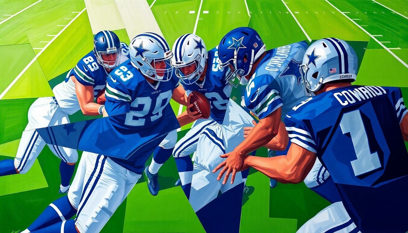 A cubist, geometric painting depicting a Dallas Cowboys football game, with the players and field broken down into sharp, overlapping planes of navy blue, silver, white, and green, creating a dynamic, fractured visual representation of the team