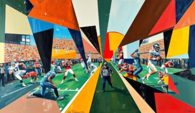 A cubist, geometric painting depicting fragmented football players and equipment, conveying the complex decision-making process behind NFL free agency moves.
