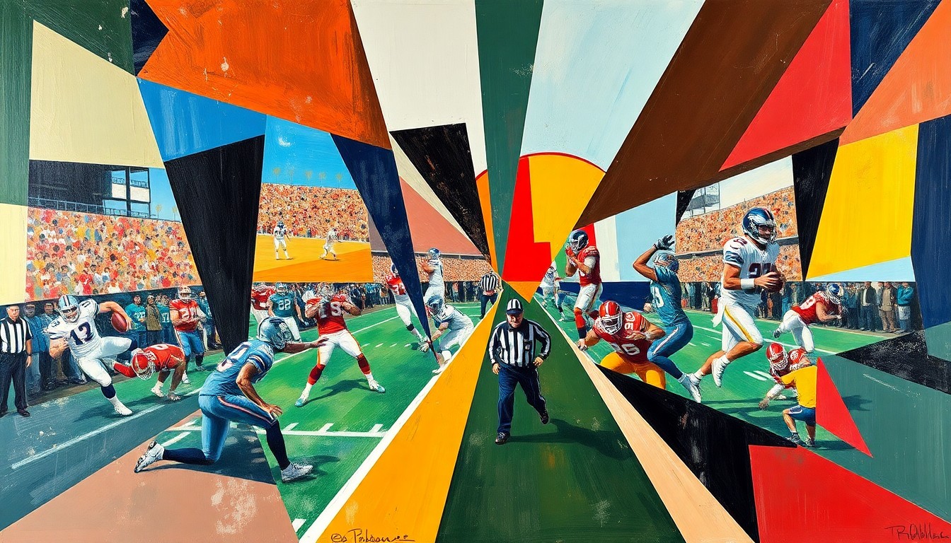 A cubist, geometric painting depicting fragmented football players and equipment, conveying the complex decision-making process behind NFL free agency moves.
