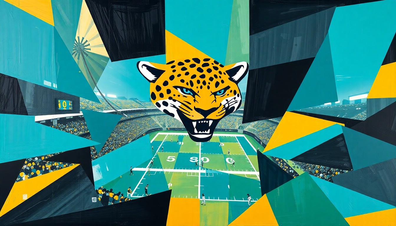 A fractured, geometric painting depicting a Jaguars football game, with players and the field broken down into overlapping planes of teal, gold, and black, conveying the team