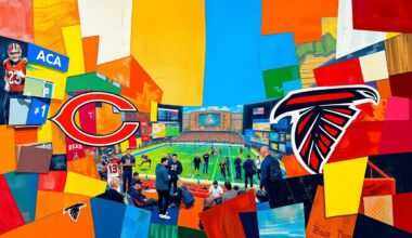 A cubist, geometric painting depicting fragmented and overlapping shapes in the colors of the Bears and Falcons organizations, conceptually representing the complex dynamics behind the NFL