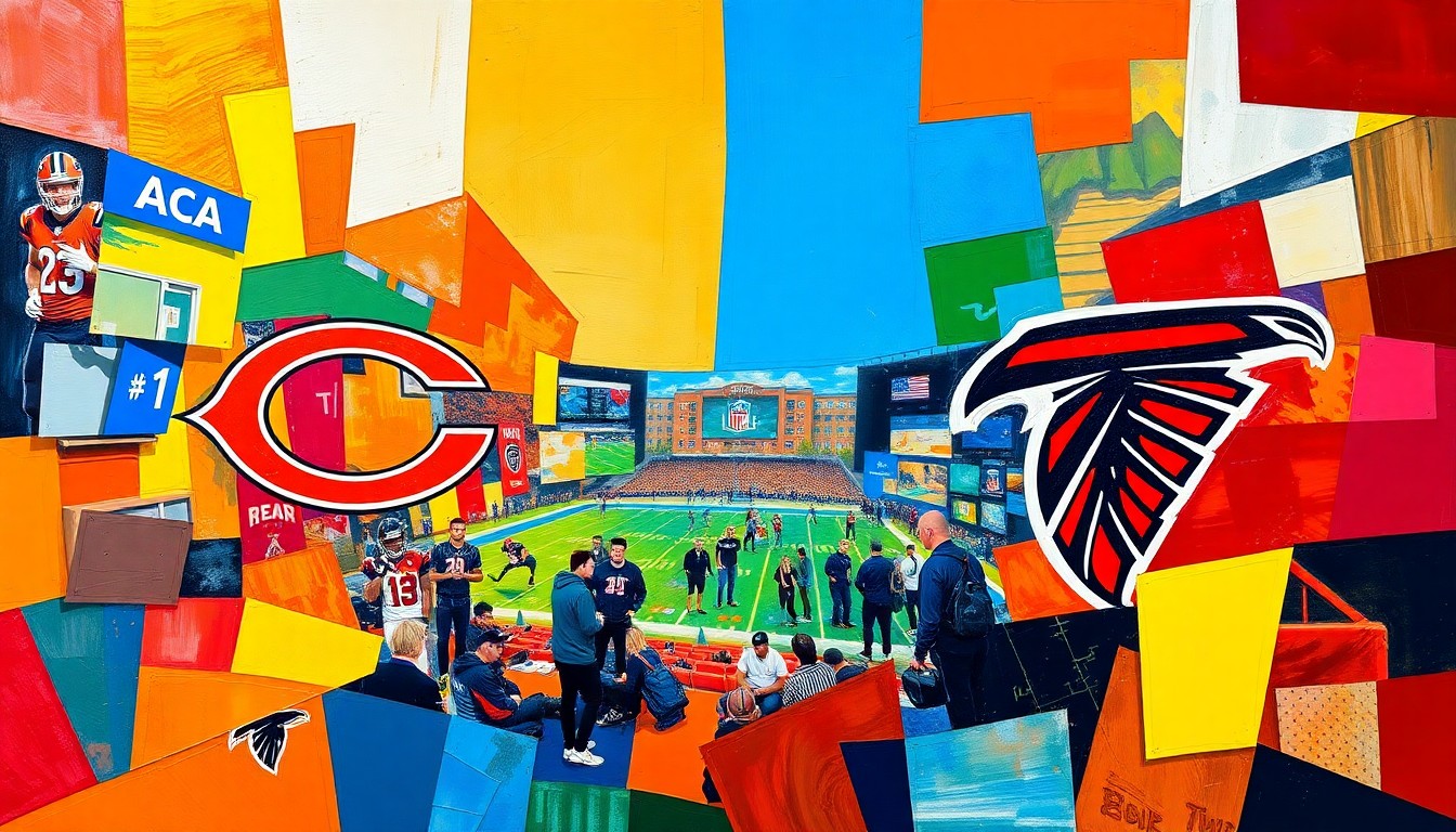 A cubist, geometric painting depicting fragmented and overlapping shapes in the colors of the Bears and Falcons organizations, conceptually representing the complex dynamics behind the NFL