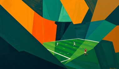 A cubist, geometric painting depicting a fragmented football game, with sharp planes of navy, green, and orange overlapping to create a sense of motion and chaos on the field.